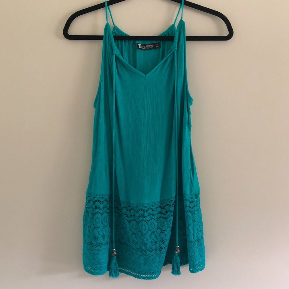 Teal Tie-Front Tassel Spaghetti Strap Halter Top
